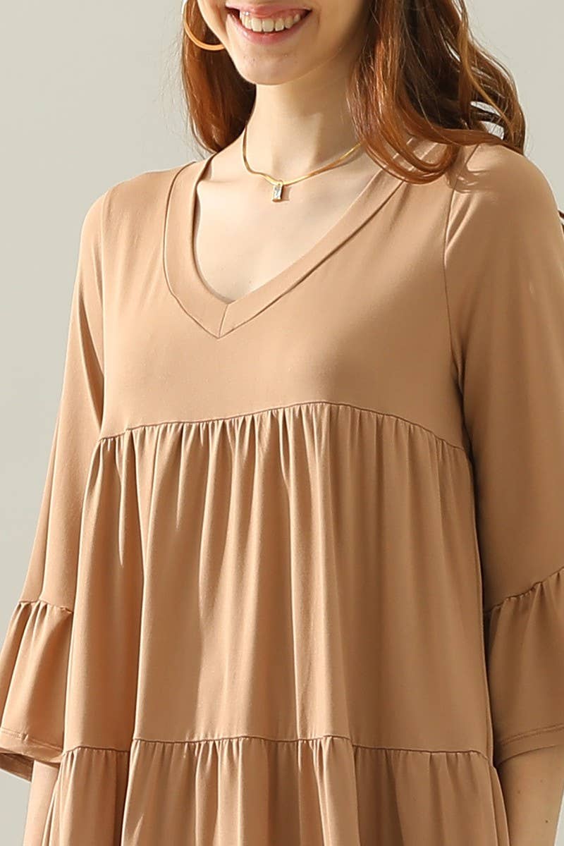 CWDSD10412_V NECK 3 TIERED RUFFLE DRESS WITH RUFFLE SLEEVE