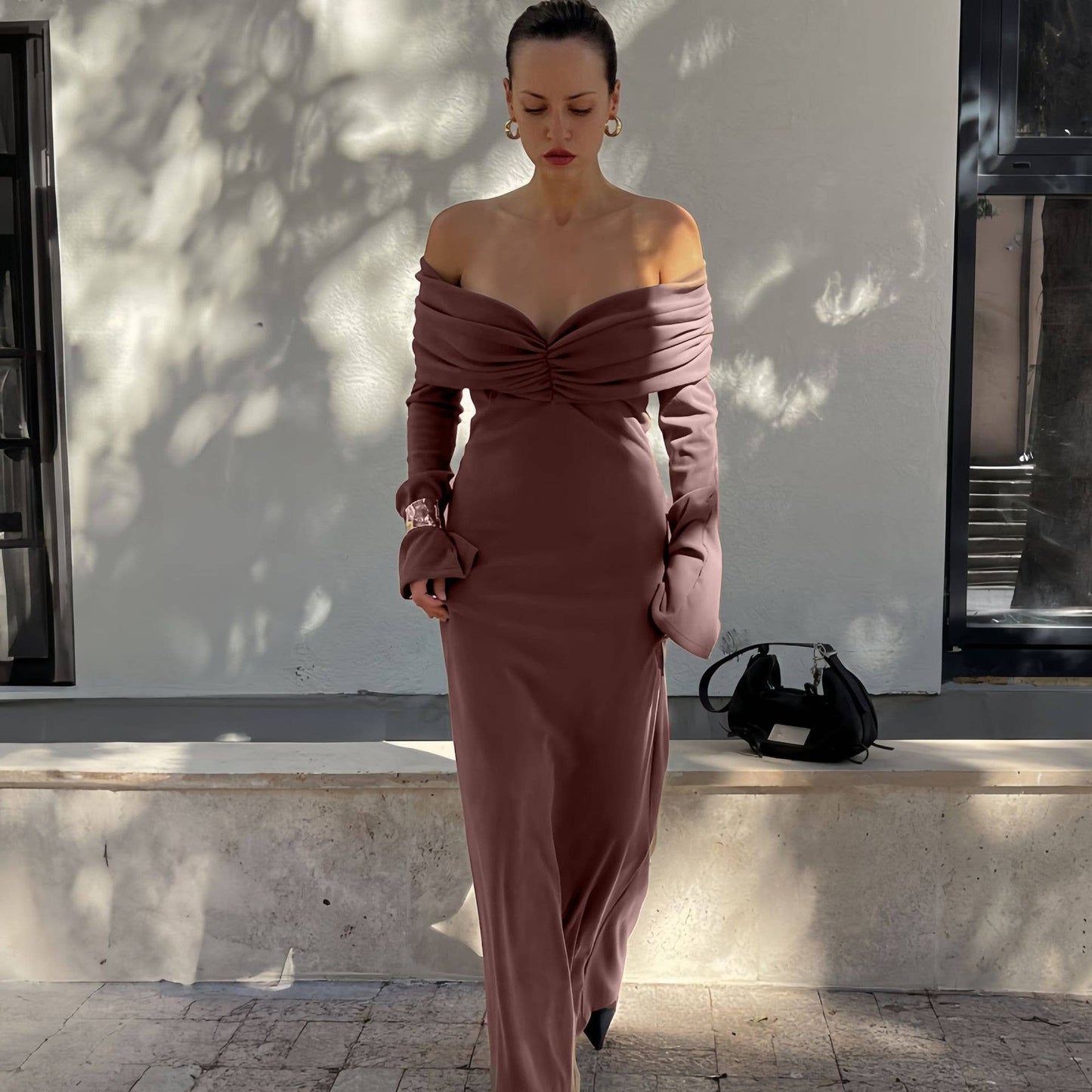 SLIM COFFEE COLOR TEMPERAMENT DESIGN SENSE DRESS