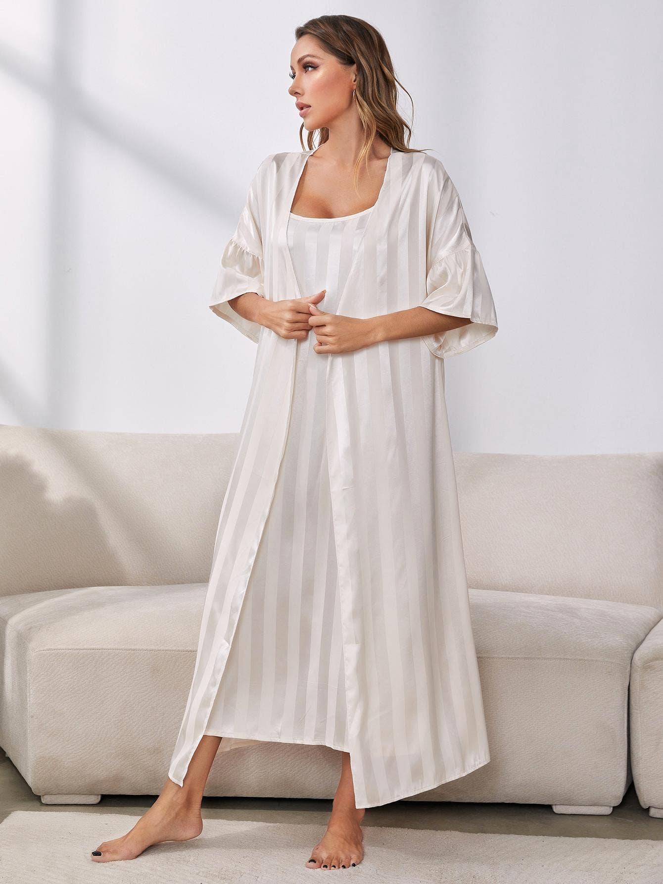 Long-sleeved ice silk bathrobe and home wear set