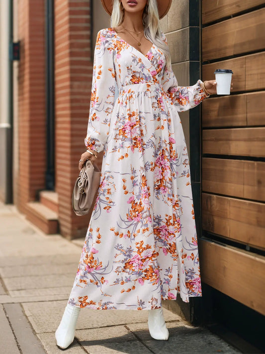 LONG SLEEVE DEEP V-NECK PRINT LONG SPLIT DRESS