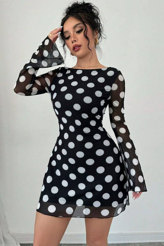CWDSD8265_POLKA DOT OPEN BACK MESH BELL SLEEVE MINI DRESS