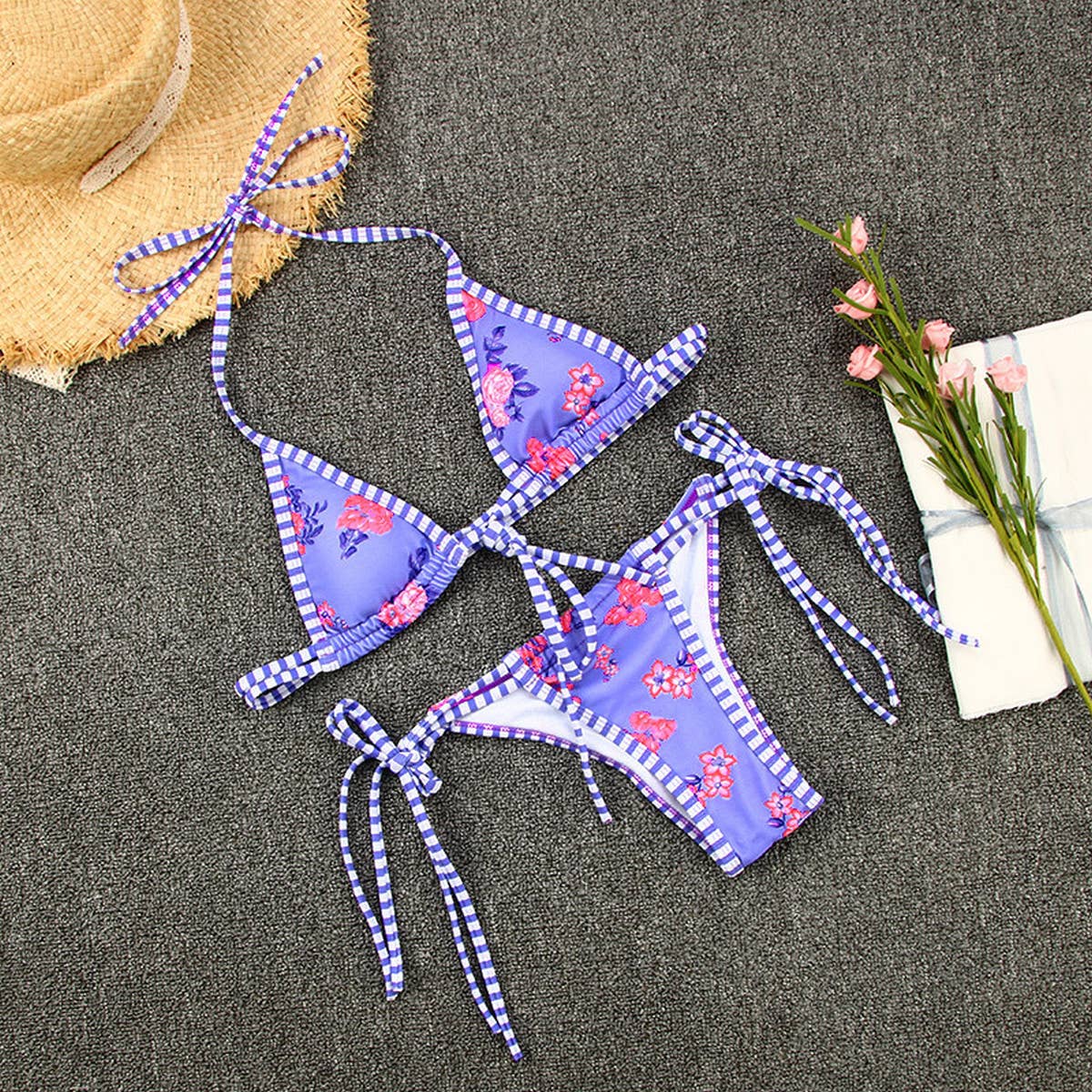 CONTRAST PRINT STRAPPY BIKINI SWIMSUIT