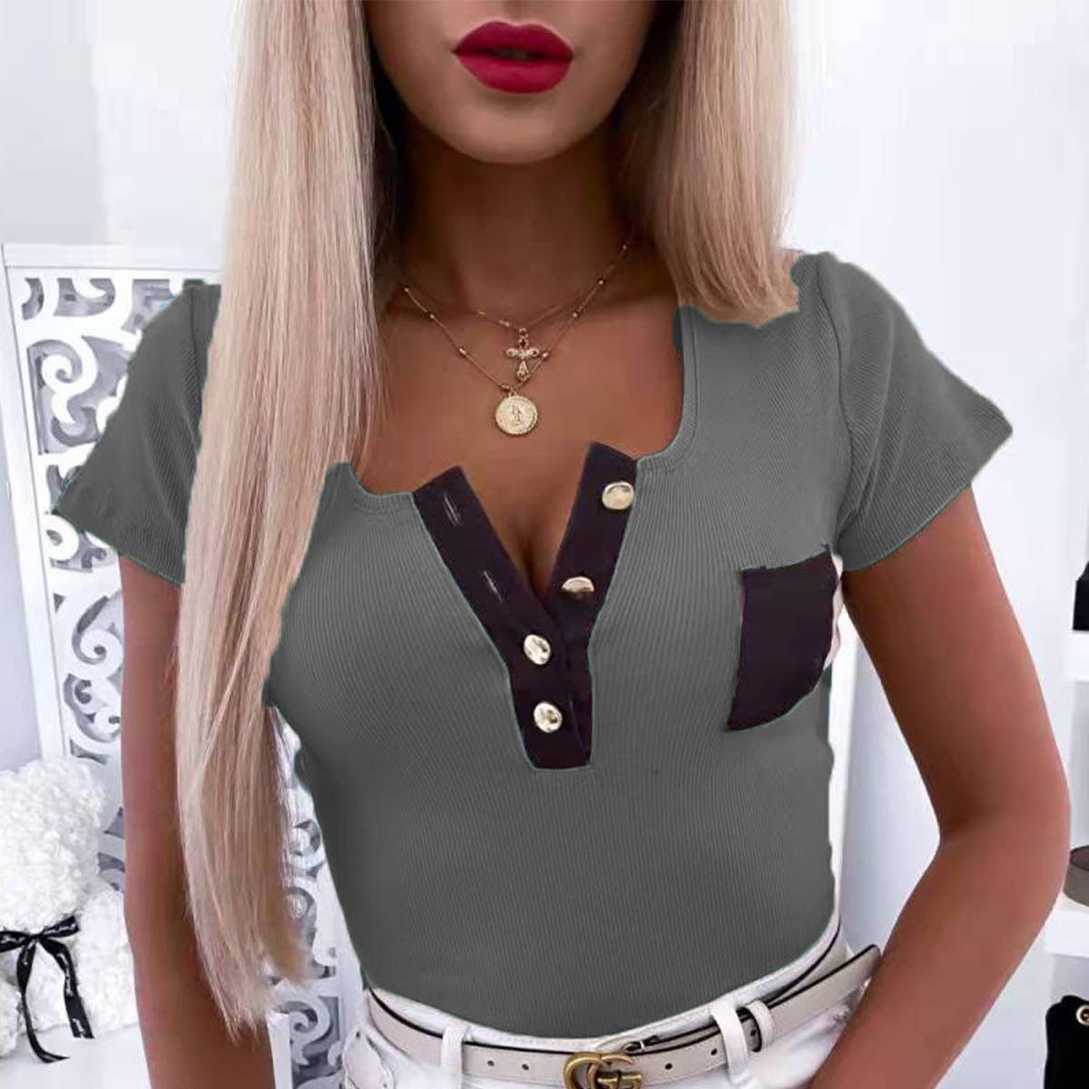 FASHION THREAD SLIM BUTTON T-SHIRT BLOUSE