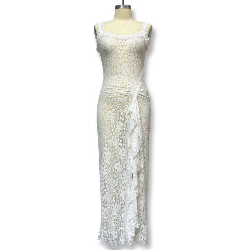 Lace semi-transparent halter one-shoulder dress