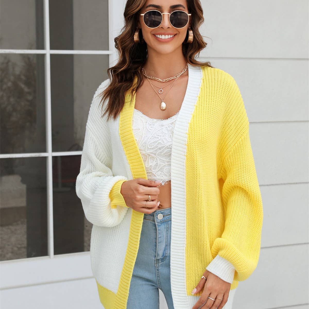 Patchwork Color Combination Fashion Knit Cardigan