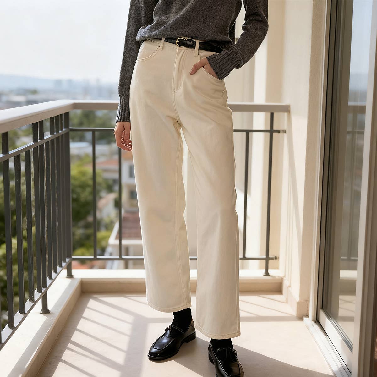 Pure cotton high-waisted straight-leg pants