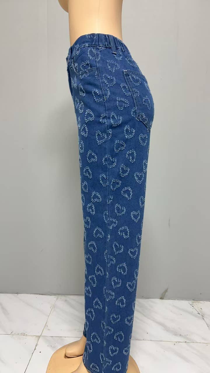 LOVE HOOK FLORAL JEANS WASH STRAIGHT LEG PANTS