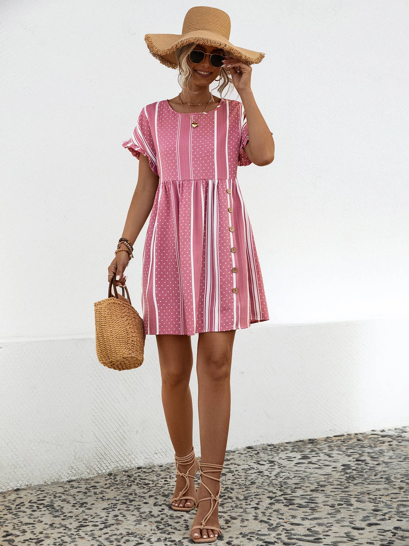 Round neck high waist button-up short dress