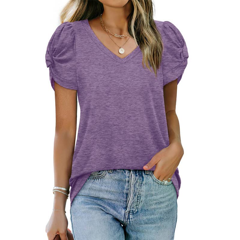 SOLID COLOR KNOTTED V-NECK SHORT-SLEEVED BASE