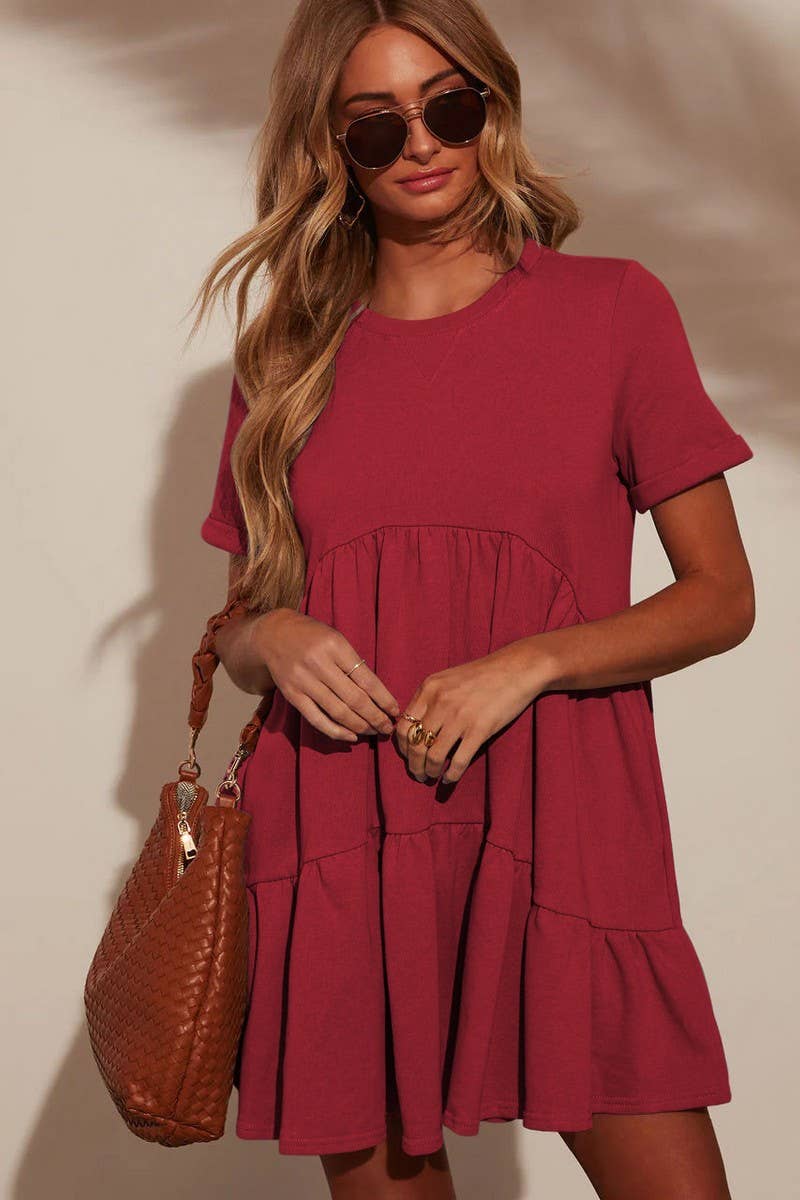 CWDSD7774_CASUAL POCKETED SHORT SLEEVE RUFFLED DRESS