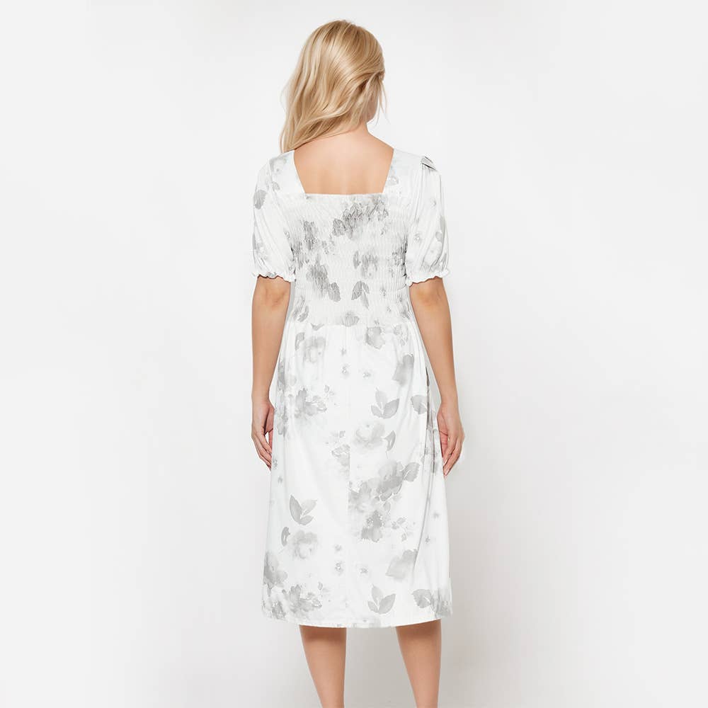 PRINTED DRESS WITH SQUARE COLLAR PUFFED SLEEVES