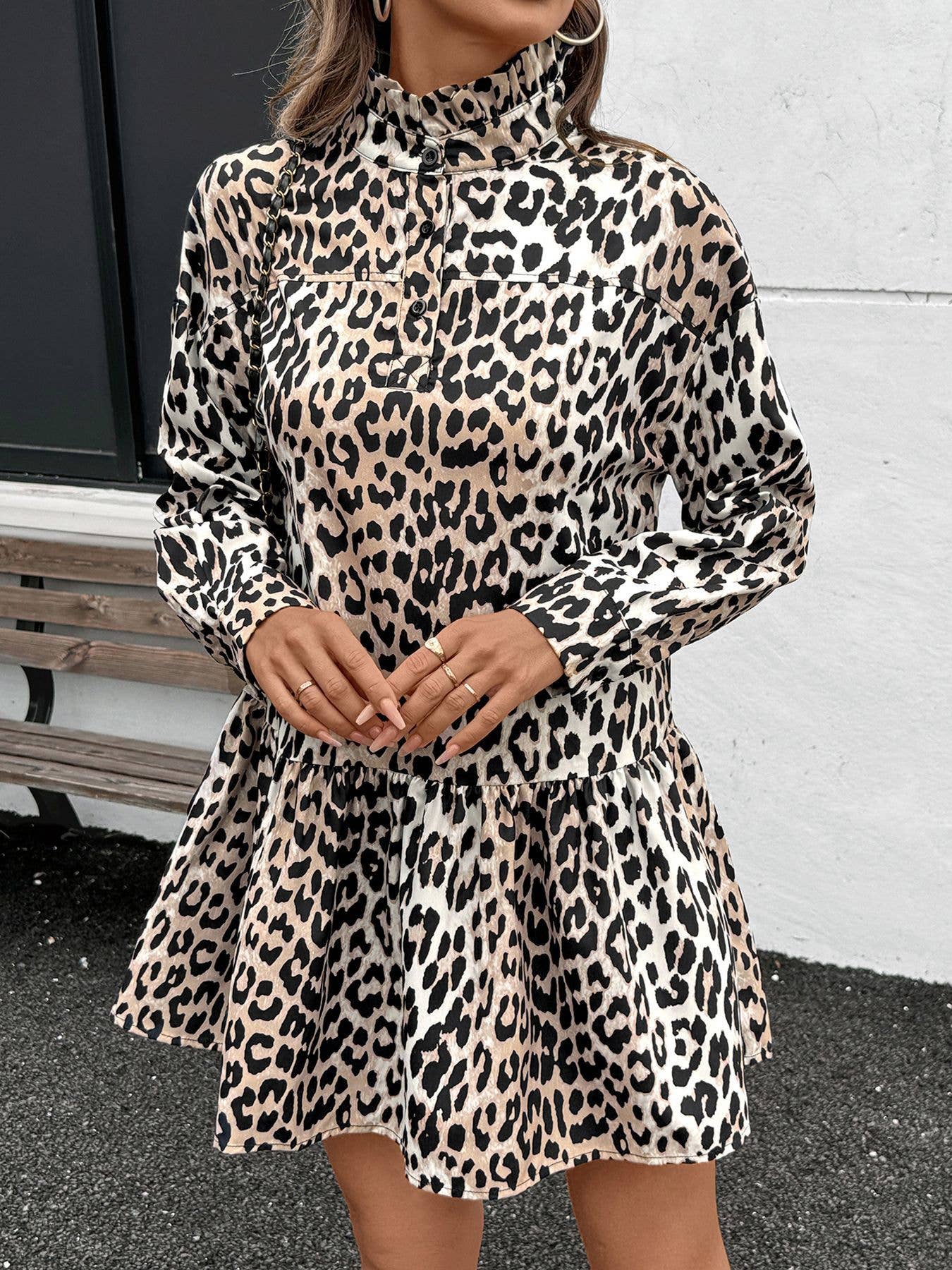 Retro leopard print stand-up collar A-line dress