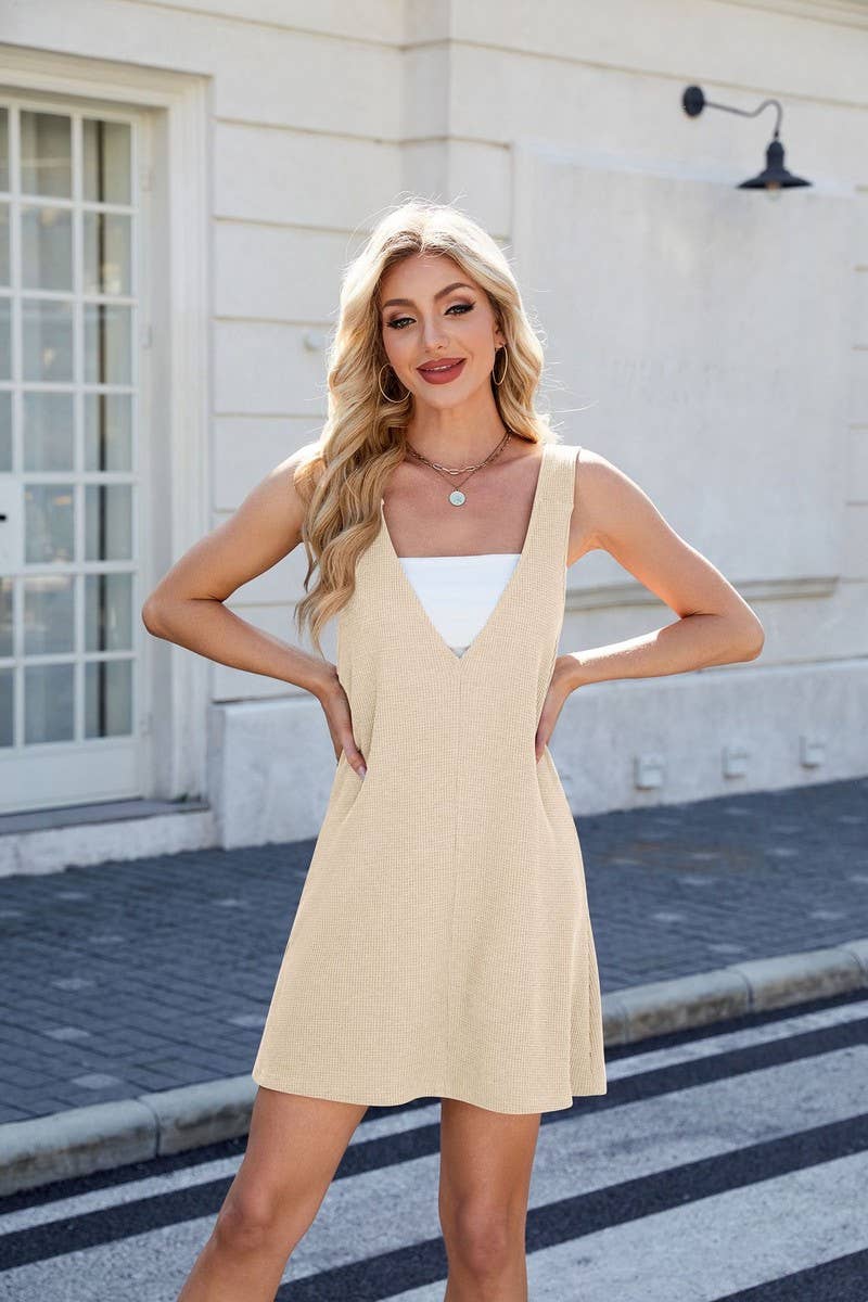 CWDSD7288_SOLID COLOR V-NECK SQUARE NECK REVERSIBLE DRESS