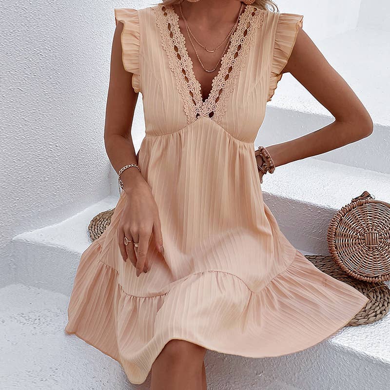 LACE V-NECK SLEEVELESS PEPLUM MID-LENGTH DRESS