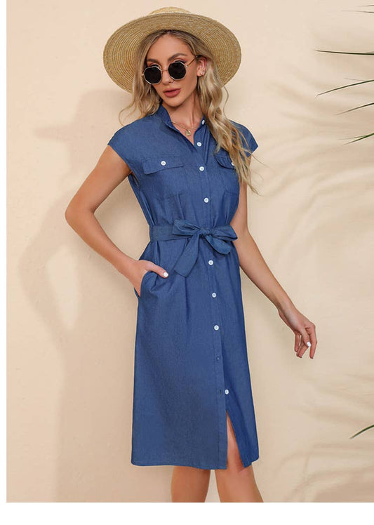 Simple lace-up denim dress with stand-up collar