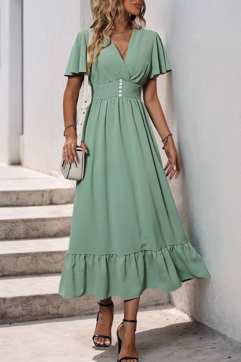 CWDMD4956_SUMMER LIGHT GREEN V-NECK RUFFLE HEM DRESS