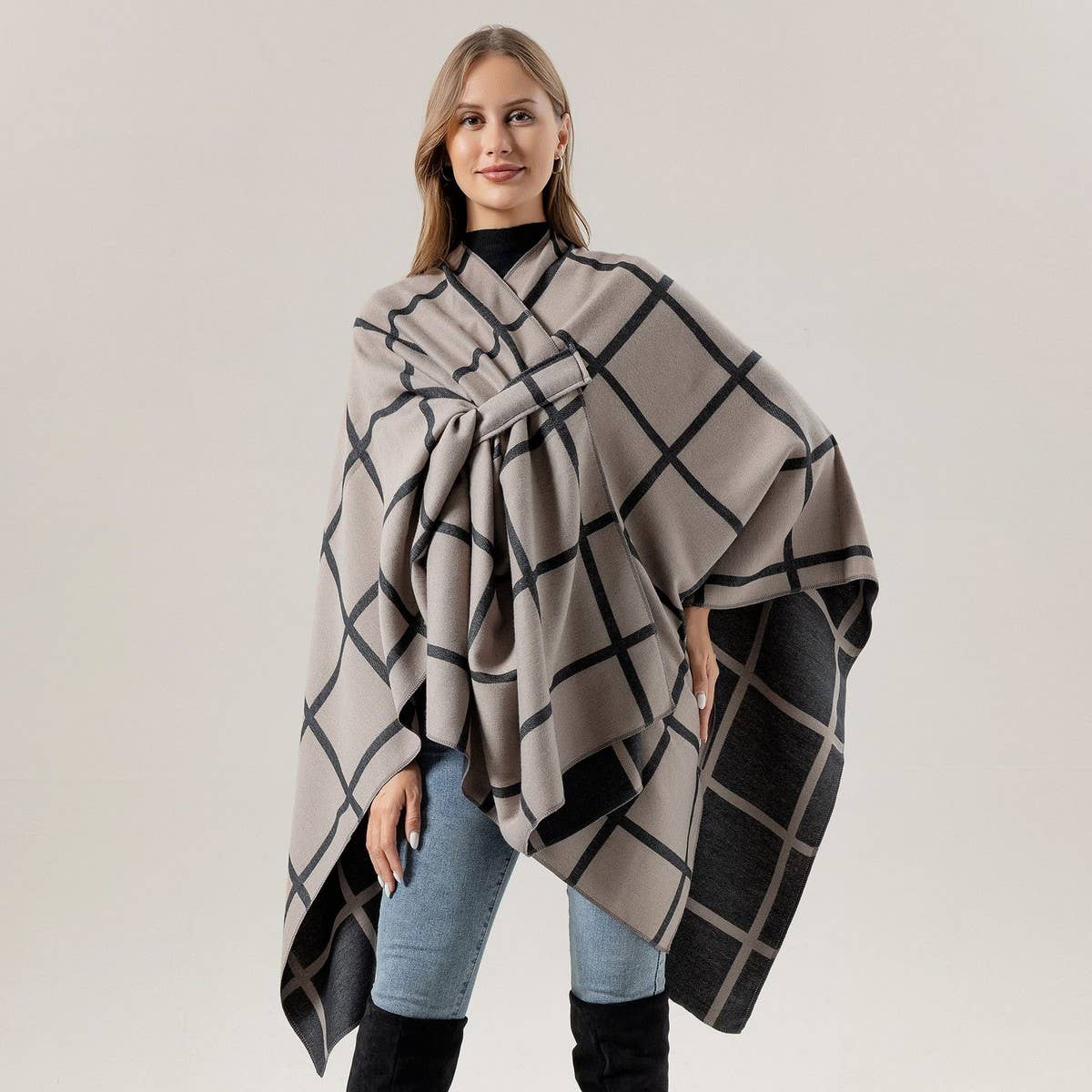 SIDE-STRAP SHAWL PLAID SLIT CAPE WARM SCARF