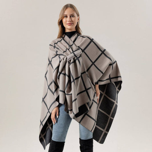 SIDE-STRAP SHAWL PLAID SLIT CAPE WARM SCARF