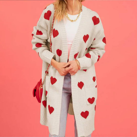 WOMEN CUTE HEART PRINT OPEN FRONT MID CARDIGAN_CWOCAL0487
