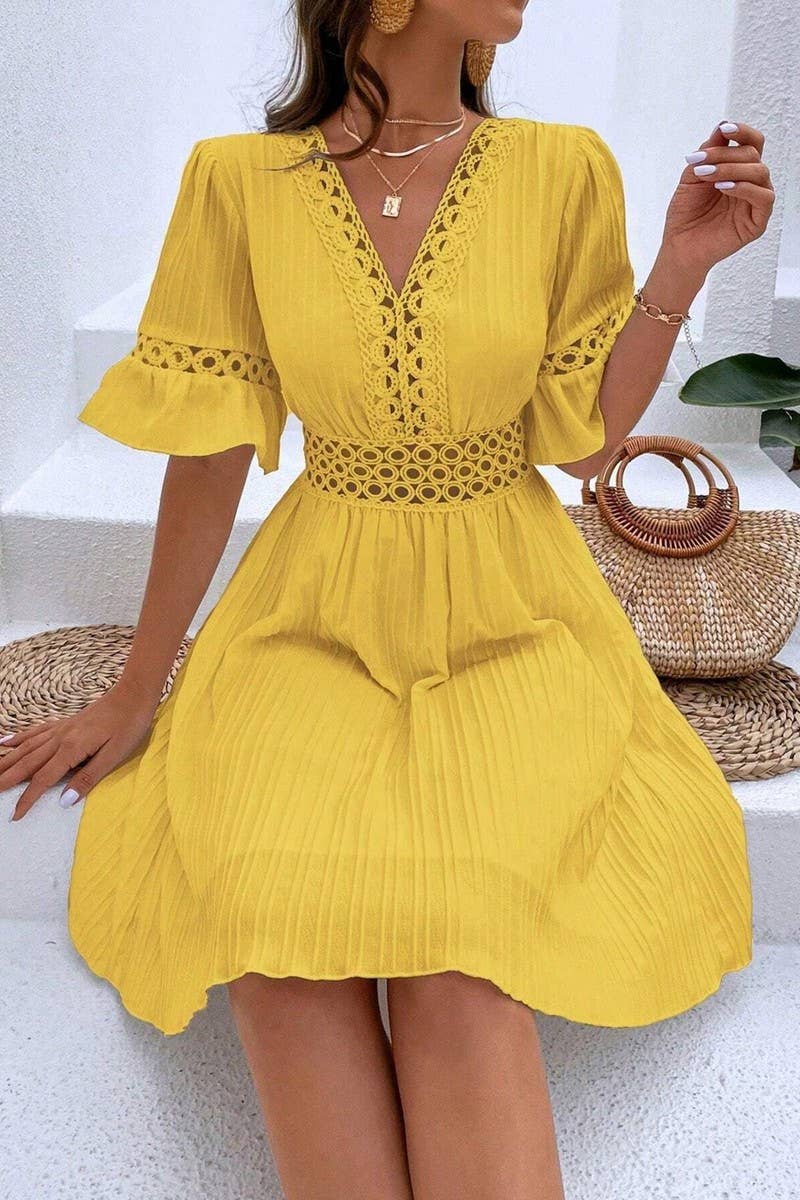 CWDSD7521_SUMMER LACE STYLISH WAIST SOLID COLOR DRESS