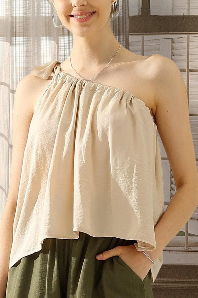 ONE SHOULDER BOW TIE STRAP SATIN SILK BLOUS TOP