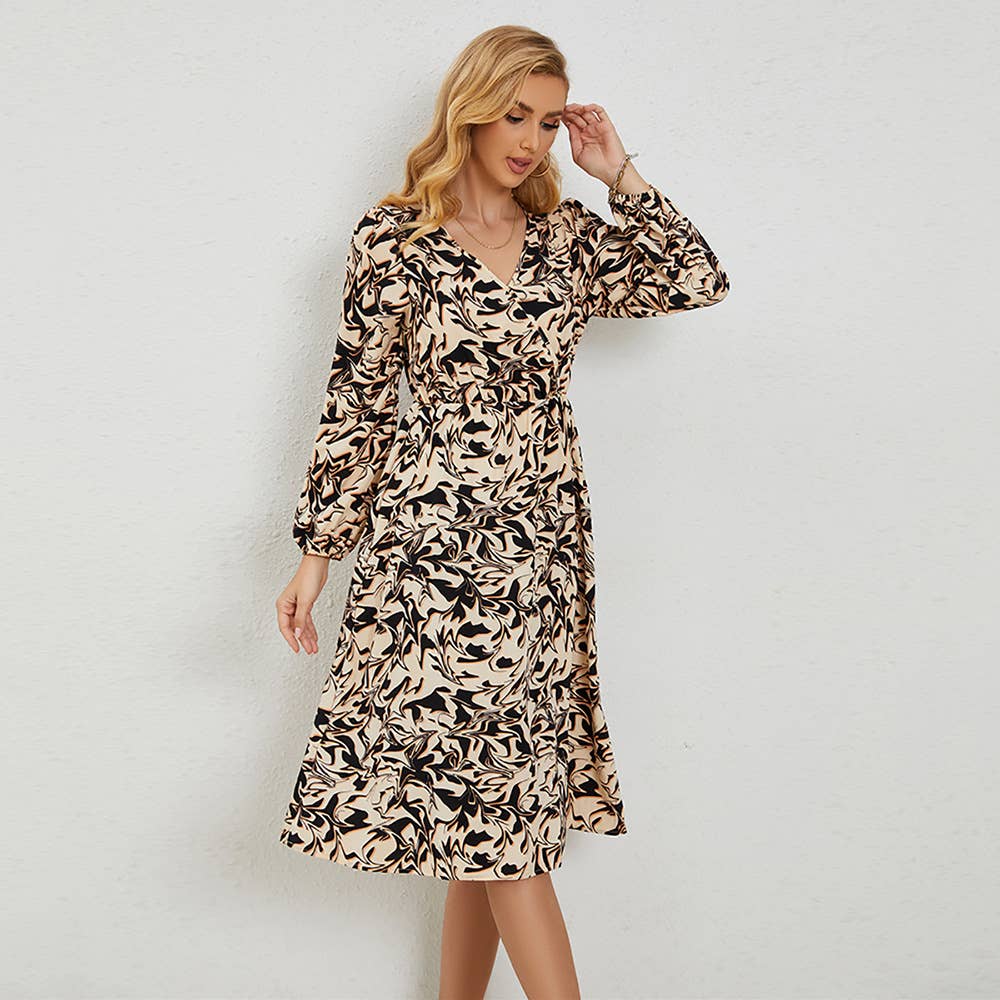V-neck printed long-sleeved dress