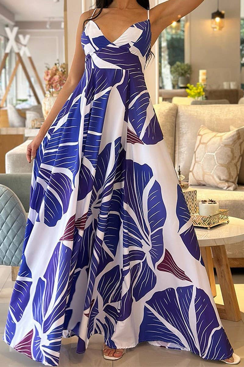 Abstract floral print mid-length swing halter dress