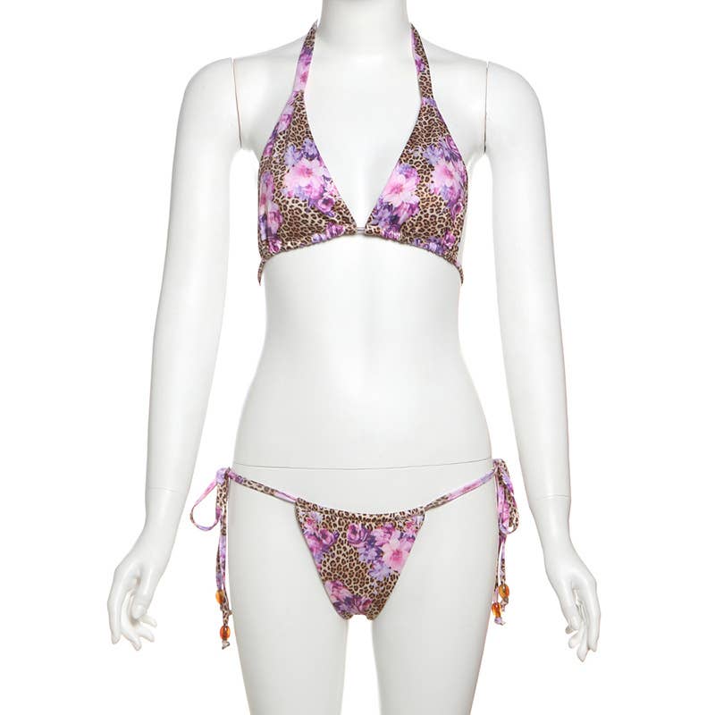 Leopard Floral Halter Tie Bikini Set