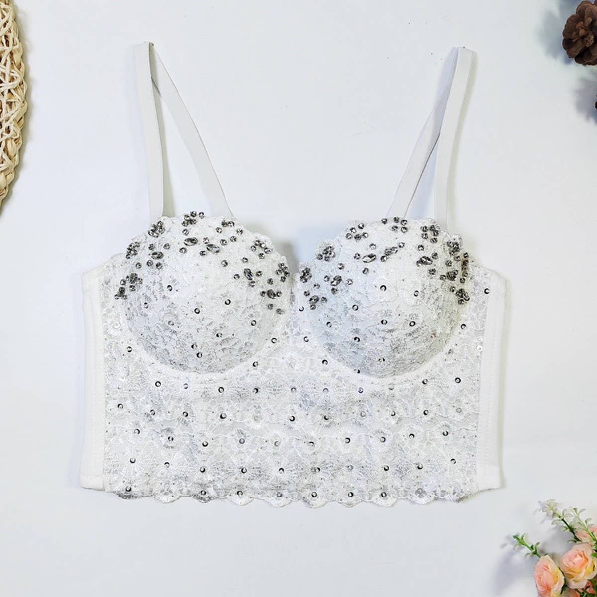LACE SUSPENDER DIAMOND BEADED HERRINGBONE BRA