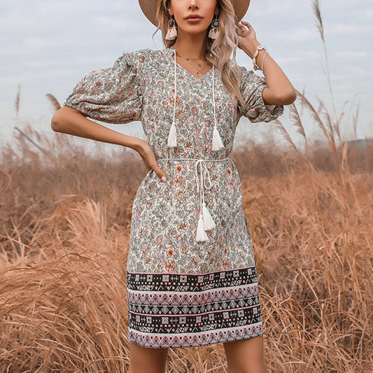 TAILORED FLORAL DRESS WITH FRINGE V-NECK LACE-UP