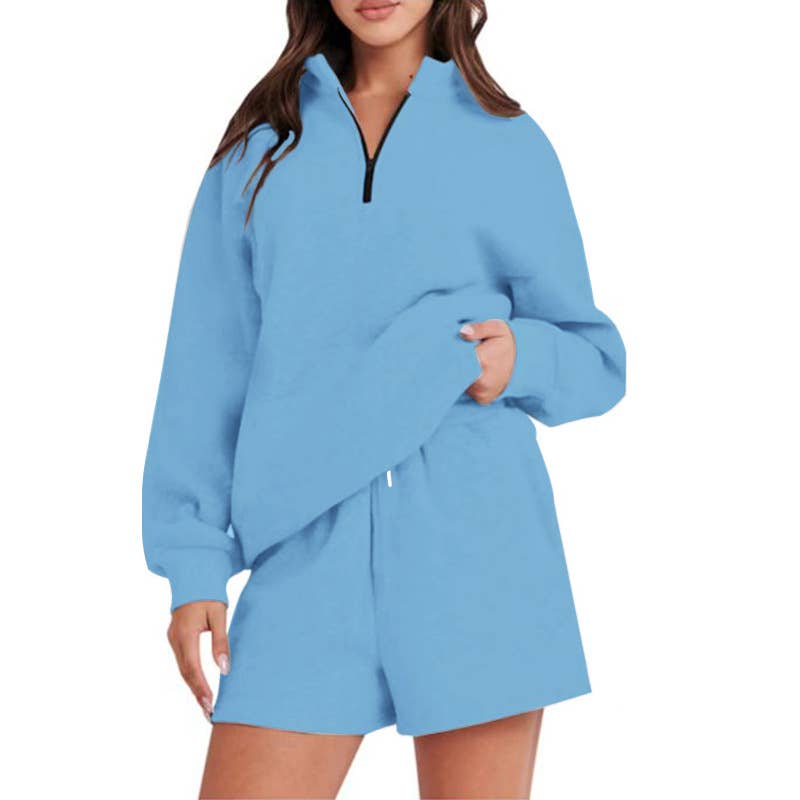 Pocket solid-color shorts and hoodie set