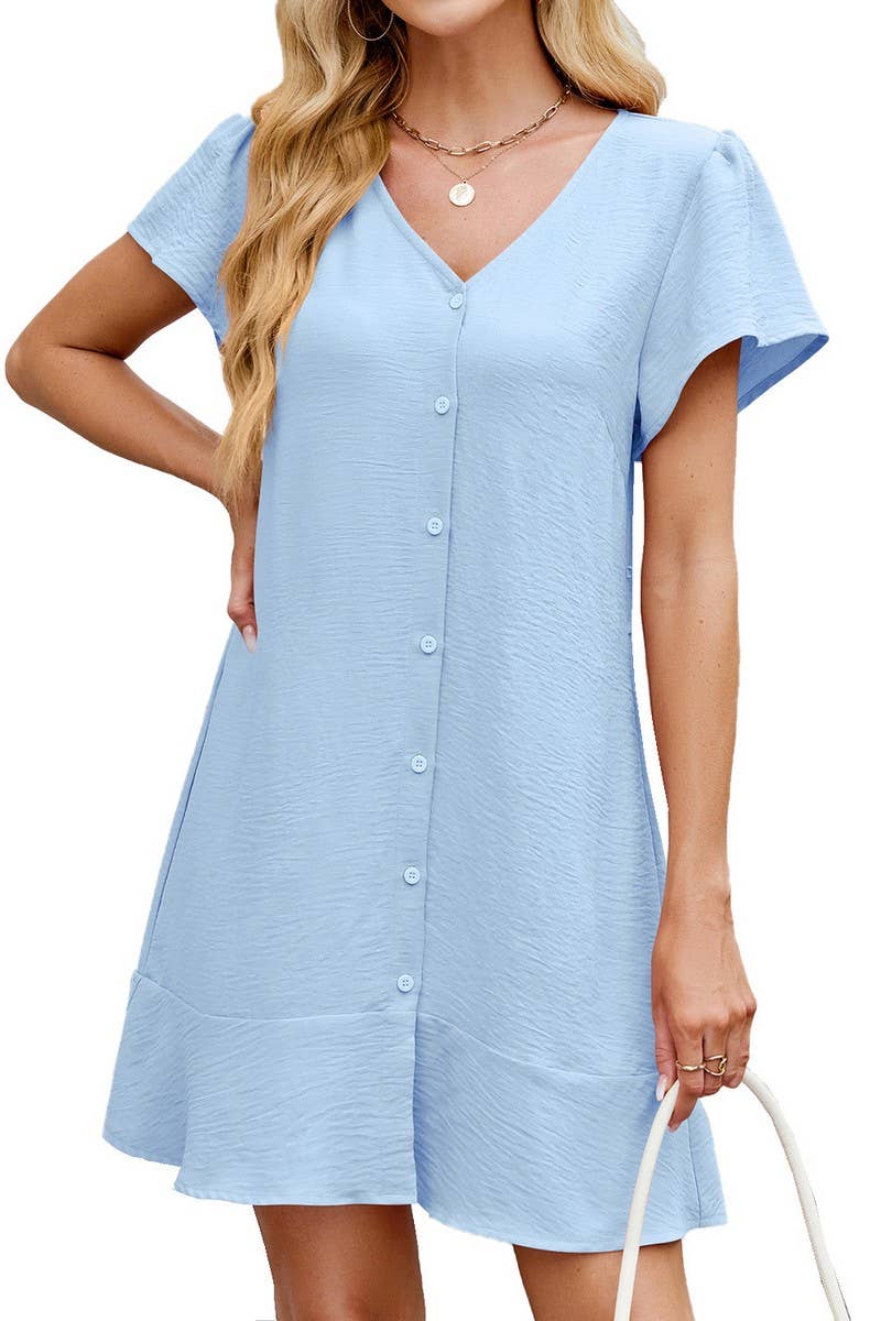 CWDSD7313_SOLID COLOR V-NECK BUTTON SHORT SLEEVE DRESS