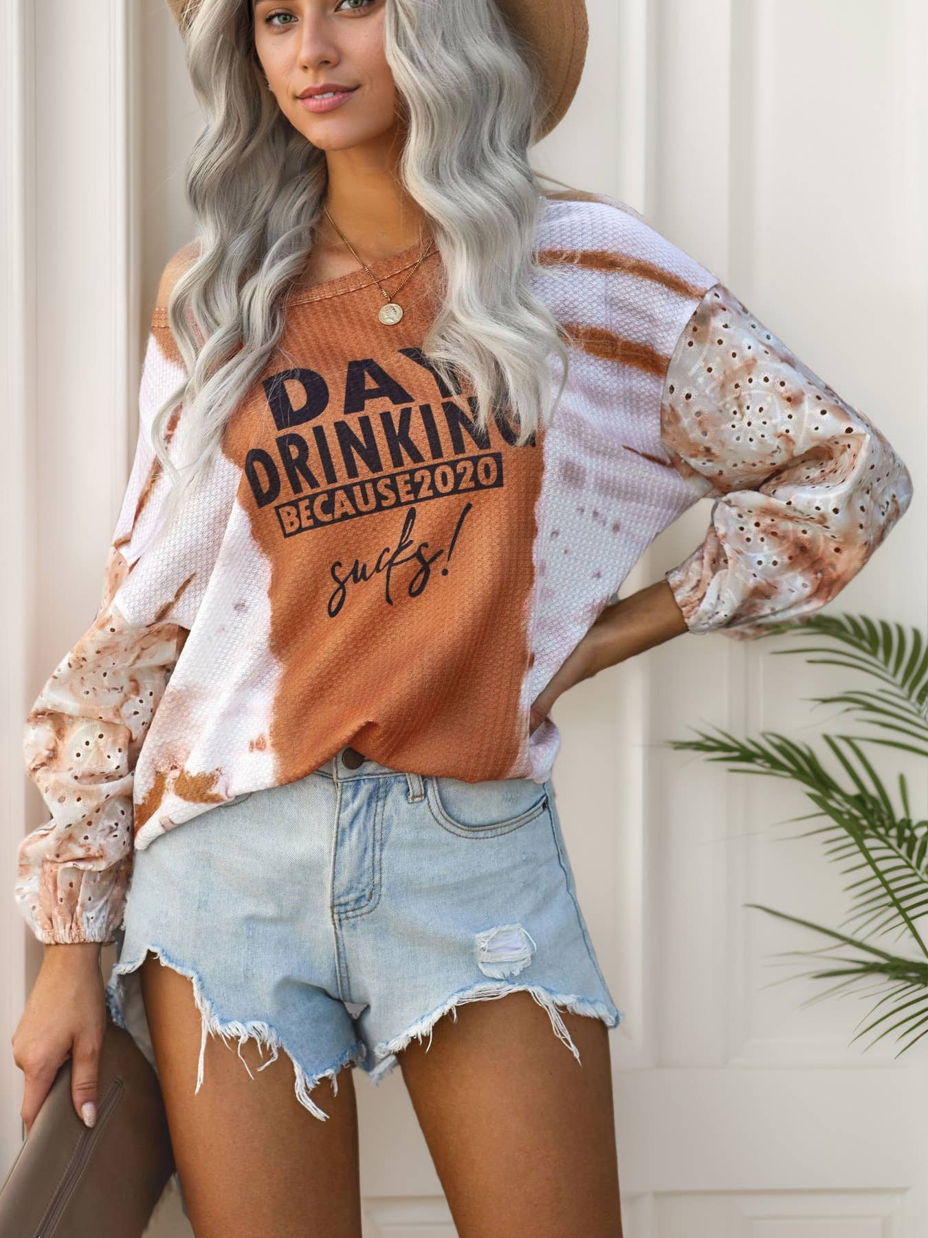 TIE-DYE EMBROIDERY PATCHWORK WAFFLE TOP