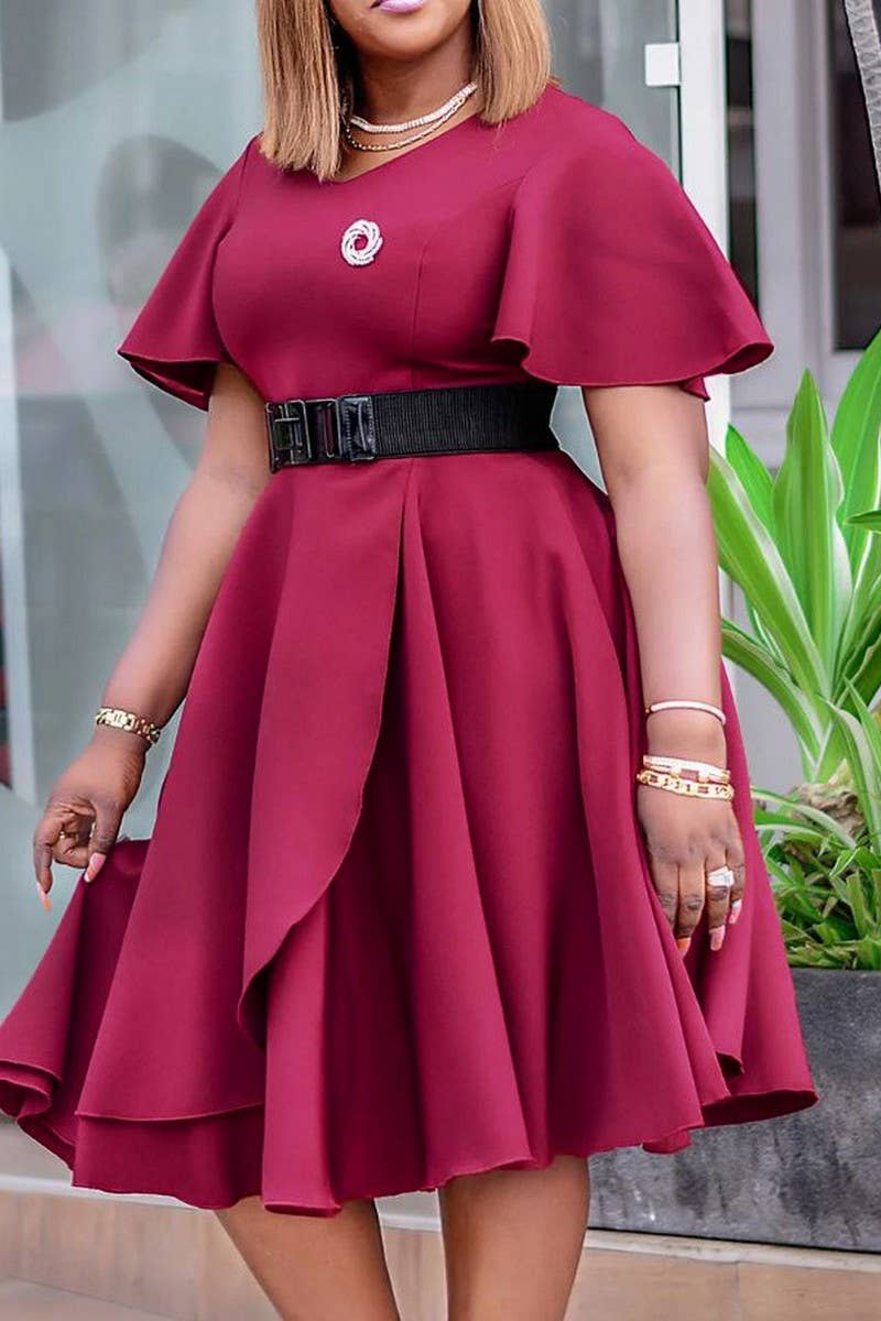 CWDSD3579_PLUS SIZE BELL SLEEVE SOLID COLOR MIDI DRESS