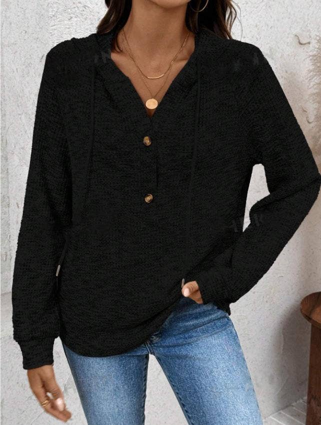 WAFFLE BUTTON-UP HOODIE LOOSE LONG-SLEEVED HOODIE