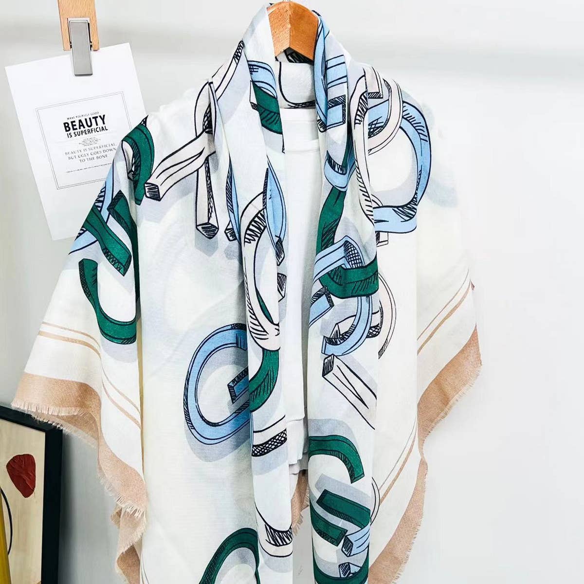 Chain Print Silk Wool Scarf ??Luxury Travel Shawl_CWASC0895