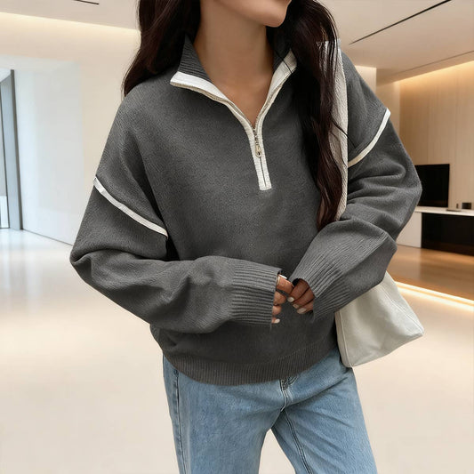 Solid-color long-sleeved semi-zipper sweater