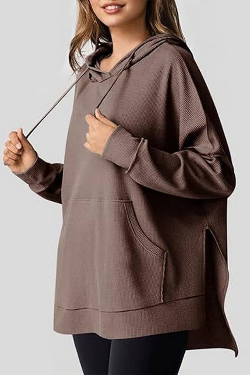 CWOHOL00633_RELAXED WAFFLE KNIT SIDE SLIT HOODED PULLOVER