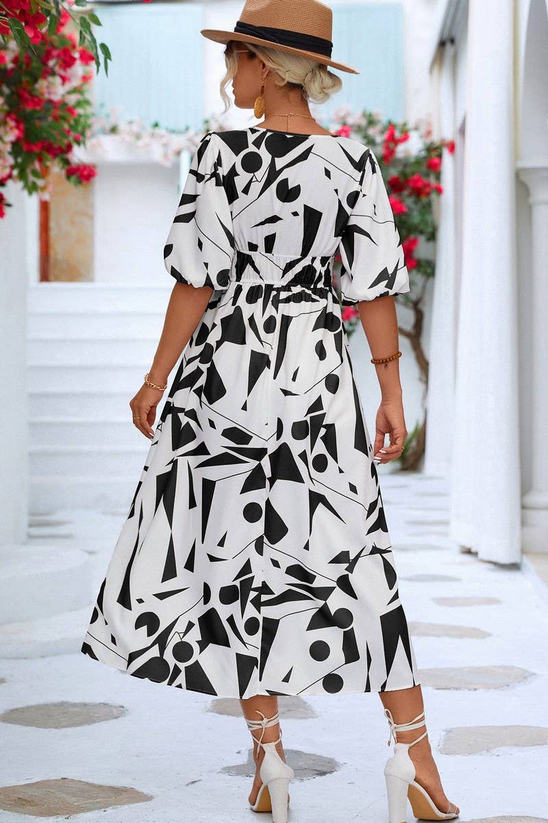 CWDMD2751_V NECK GEOMETRIC PRINT DRESS