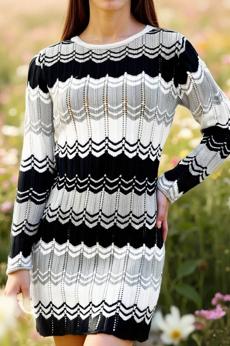 CWDSD10564_COLORBLOCK LOOSE STRIPED SWEATER DRESS