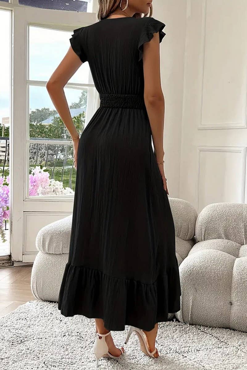 CWDMD5583_SUMMER V-NECK SHORT-SLEEVED LONG DRESS