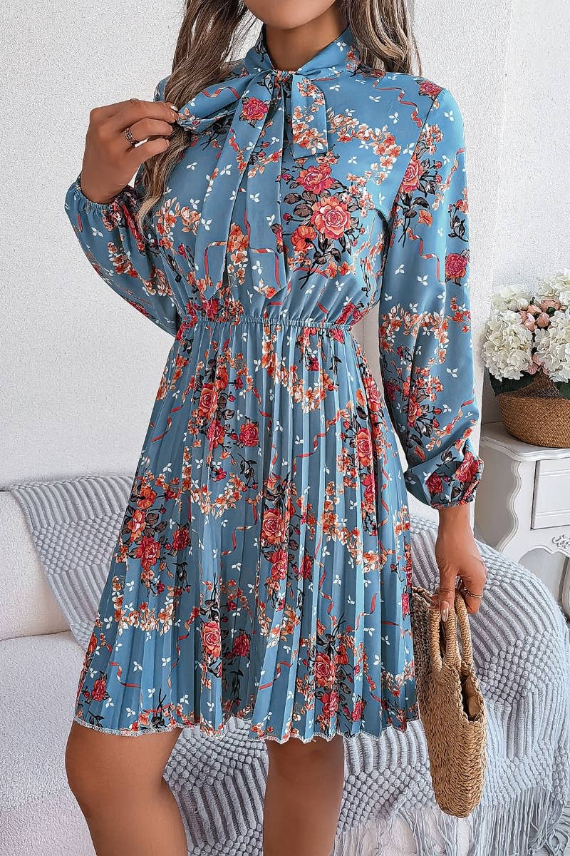 CWDSD6429_FLORAL LACE-UP LONG-SLEEVED PLEATED DRESS