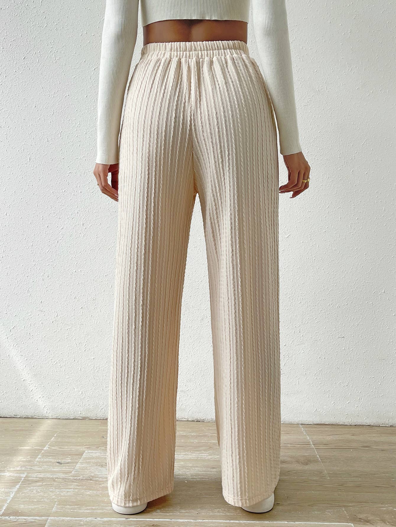 KNIT WIDE LEG STRAIGHT PANTS WITH WAIST TEXTURE