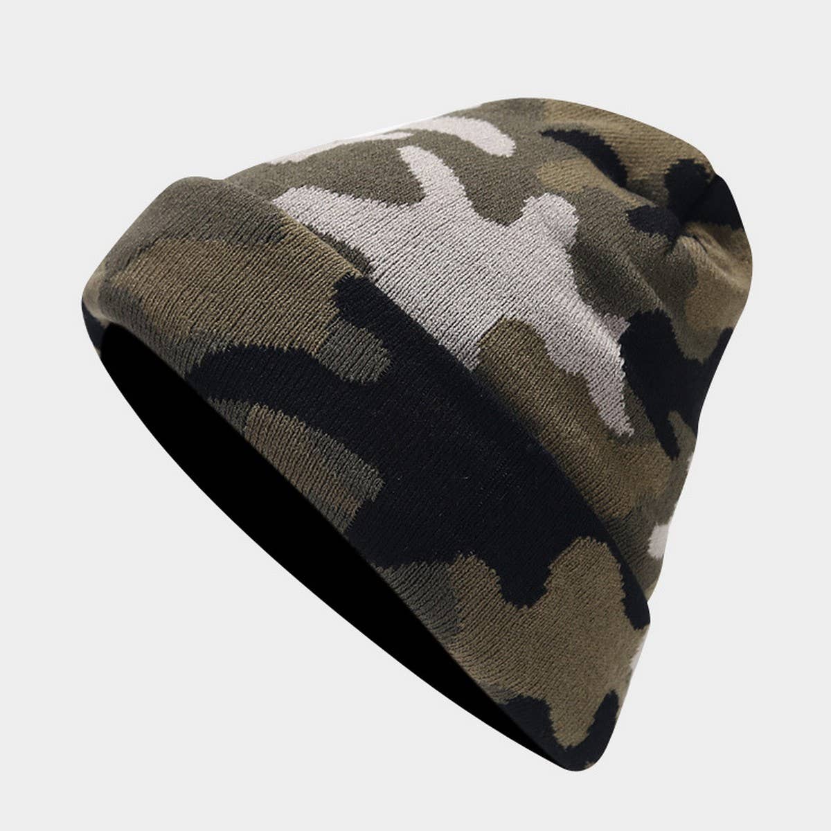 CAMOUFLAGE JACQUARD ROLLED BRIM BEANIE KNITTED HAT_CWAH2078