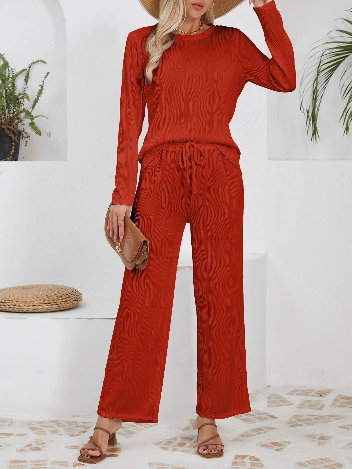 Solid-color knitted jacquard long loose suit