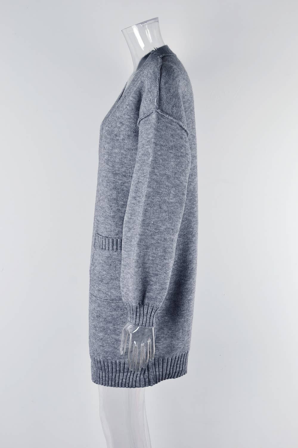 KNIT SOLID POCKET LONG FASHION SWEATER JACKET