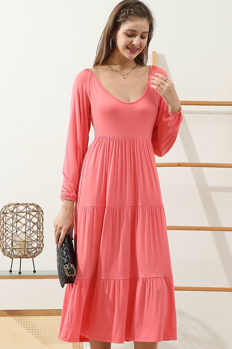 CWDMD801_ROUND NECK TIRED CASUAL RUFFLE MAXI SOLID DRESS