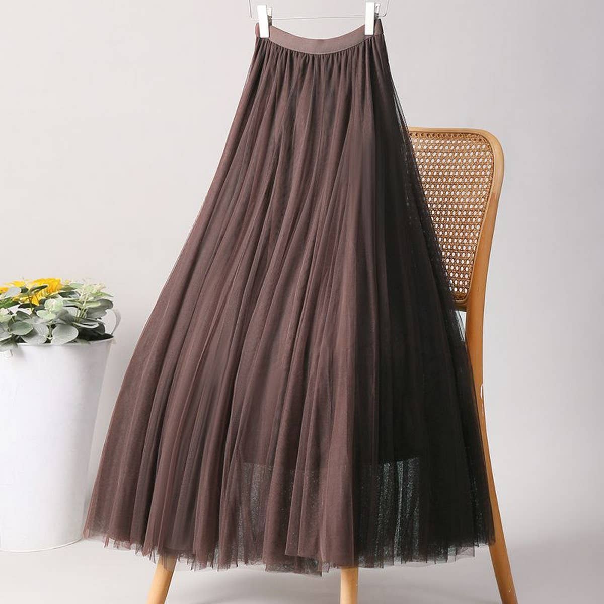 SOLID COLOR ELASTIC-WAIST MESH TULLE A-LINE SKIRT_CWBLS0372
