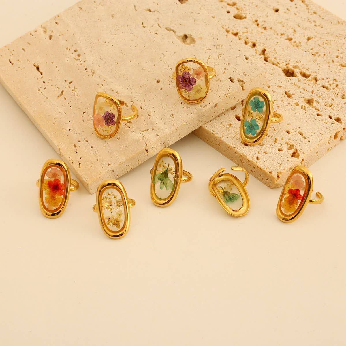 Adjustable Open Ring with Dried Flowers,Multi Color_CWMM8929