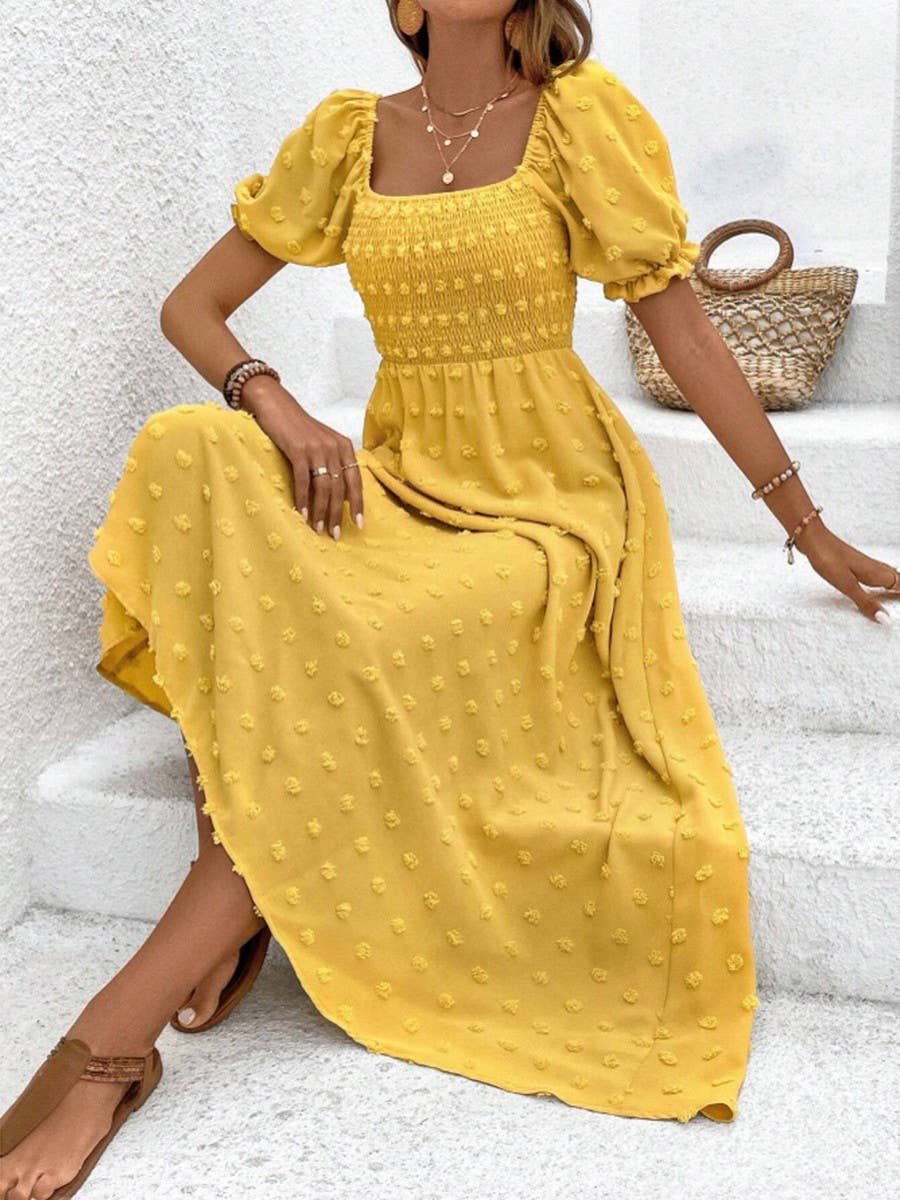 Solid color swiss polka dot square collar dress